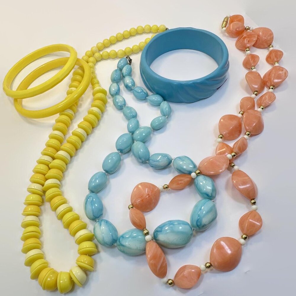 Jewelry Lot, Vintage, Plastic, 3 Necklaces, 3 Bracelets, Yellow, Coral, Blue, 60